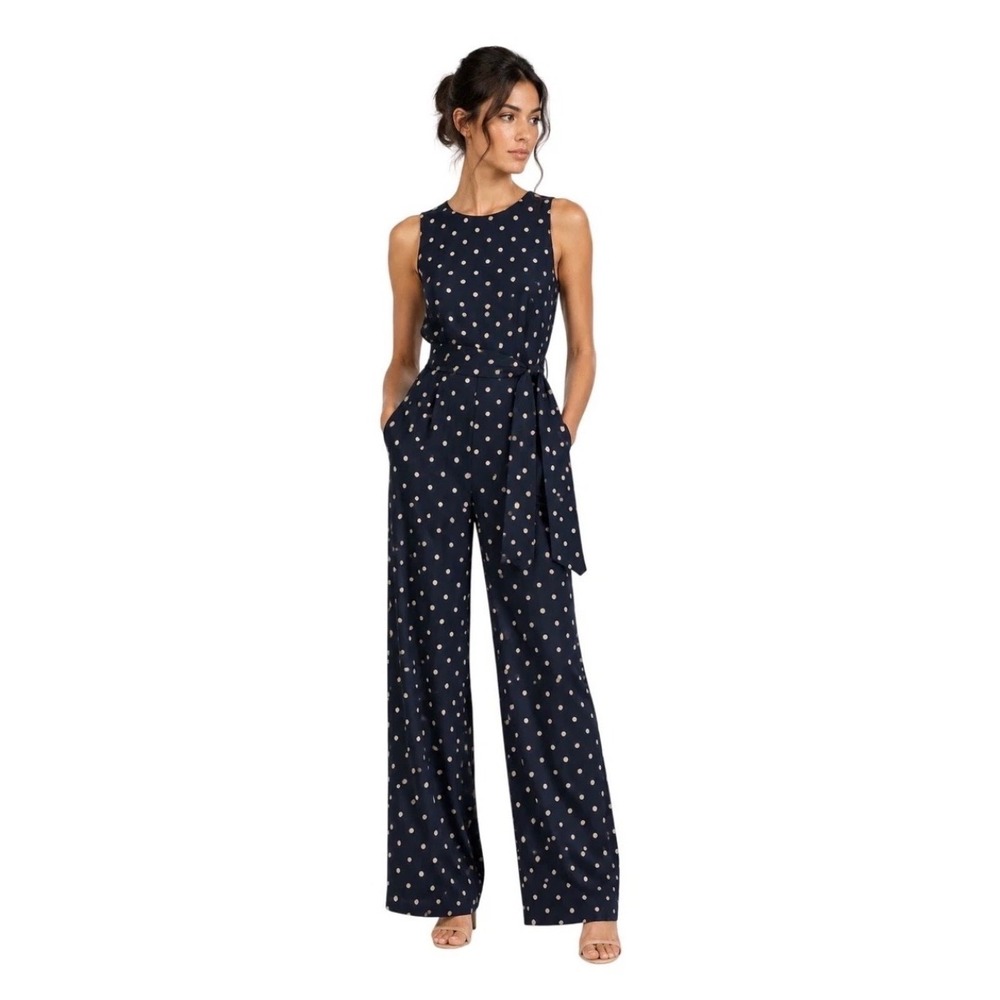 Lauren Ralph Lauren old money Wide Leg polka dot jumpsuit chic Navy Blue White